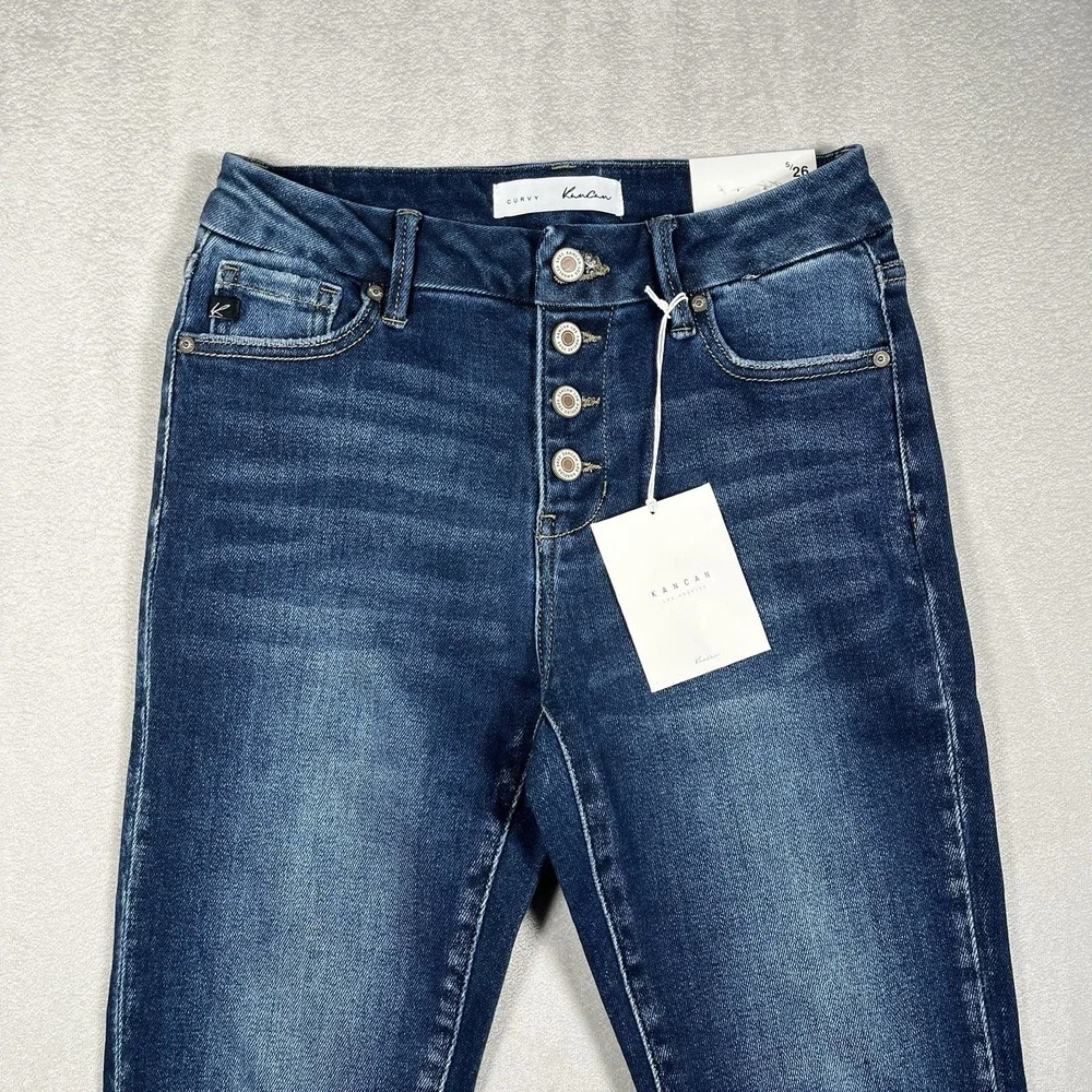 KanCan Curvy Skinny Jeans Women 5/26 Blue Distressed Exposed Button Fly *NWT‎